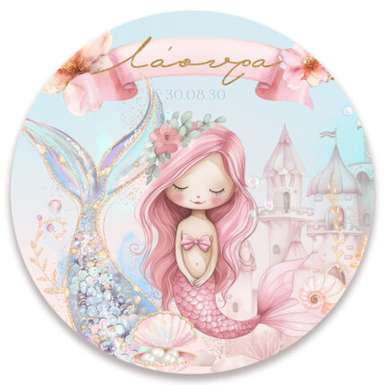 Στρογγυλή αφίσα βάπτισης - Ροζ Γοργόνα 1,30m