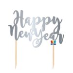 Διακόσμηση Τούρτας Ασημί - Cake Topper Italic Happy New Year cm. 8 x 16