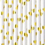 Χάρτινα λευκά καλαμάκια με μεταλλικές χρυσές καρδιές( 19.5 εκ)   / 10 τμχ